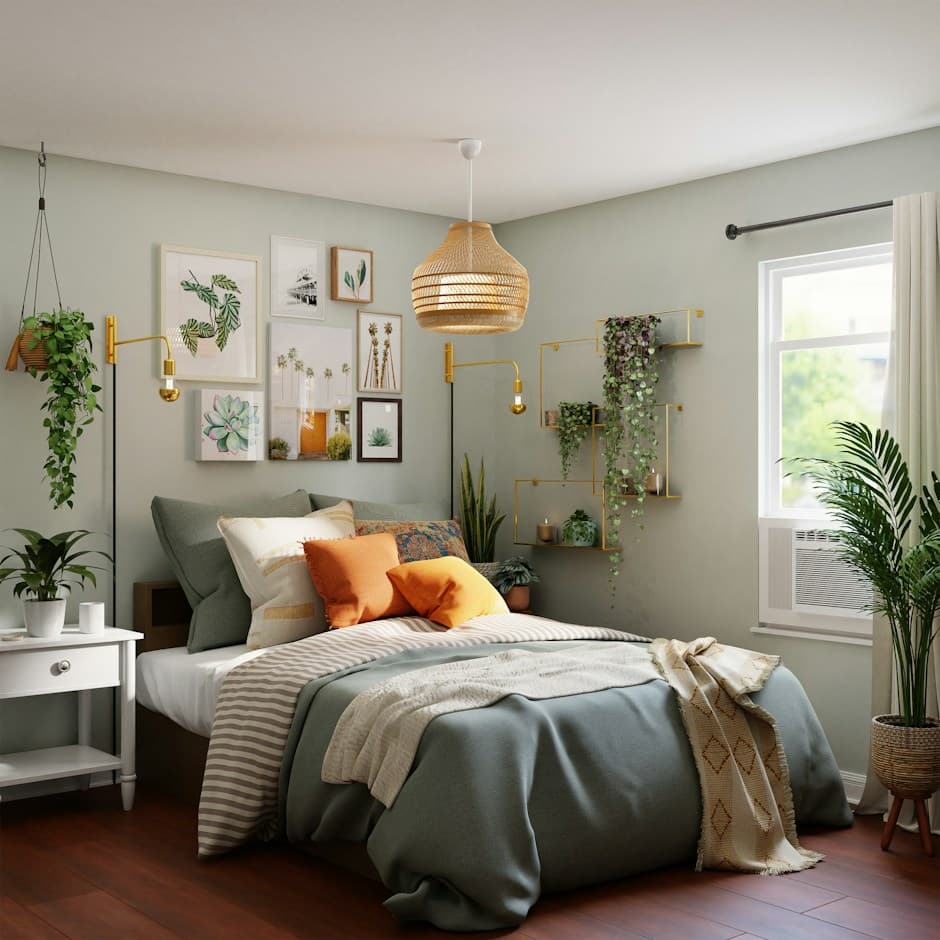 Renovated bedroom with sage walls, rattan pendant light, and indoor plants