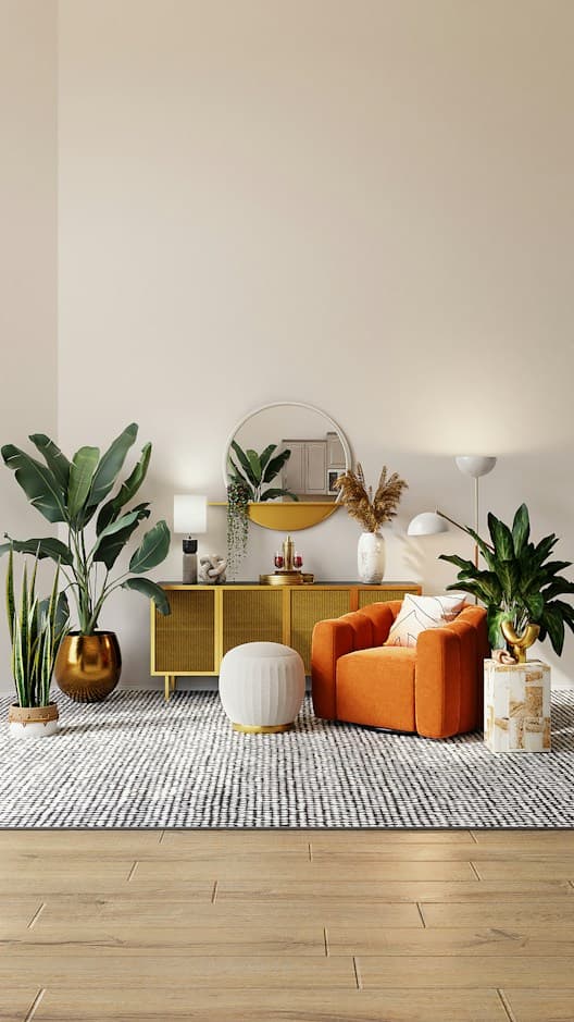 Styled living area with an orange armchair, yellow sideboard, and plants
