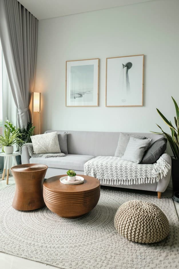 Bright living room with a gray sofa, wood coffee tables, and soft natural light